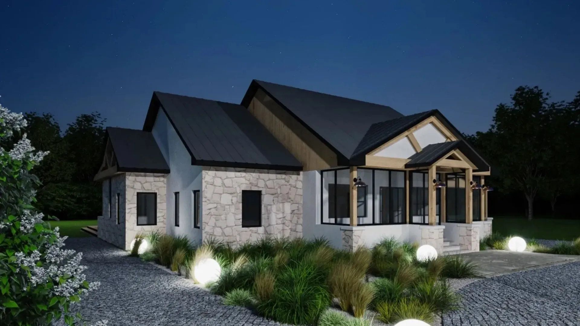 Night exterior of a modern stone house with a dark roof and illuminated landscaping.