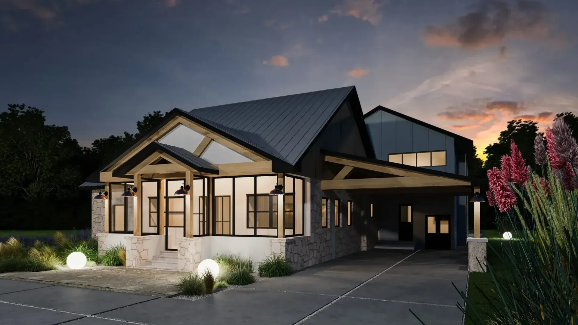 Modern house exterior with stone and wood accents; long driveway at dusk.