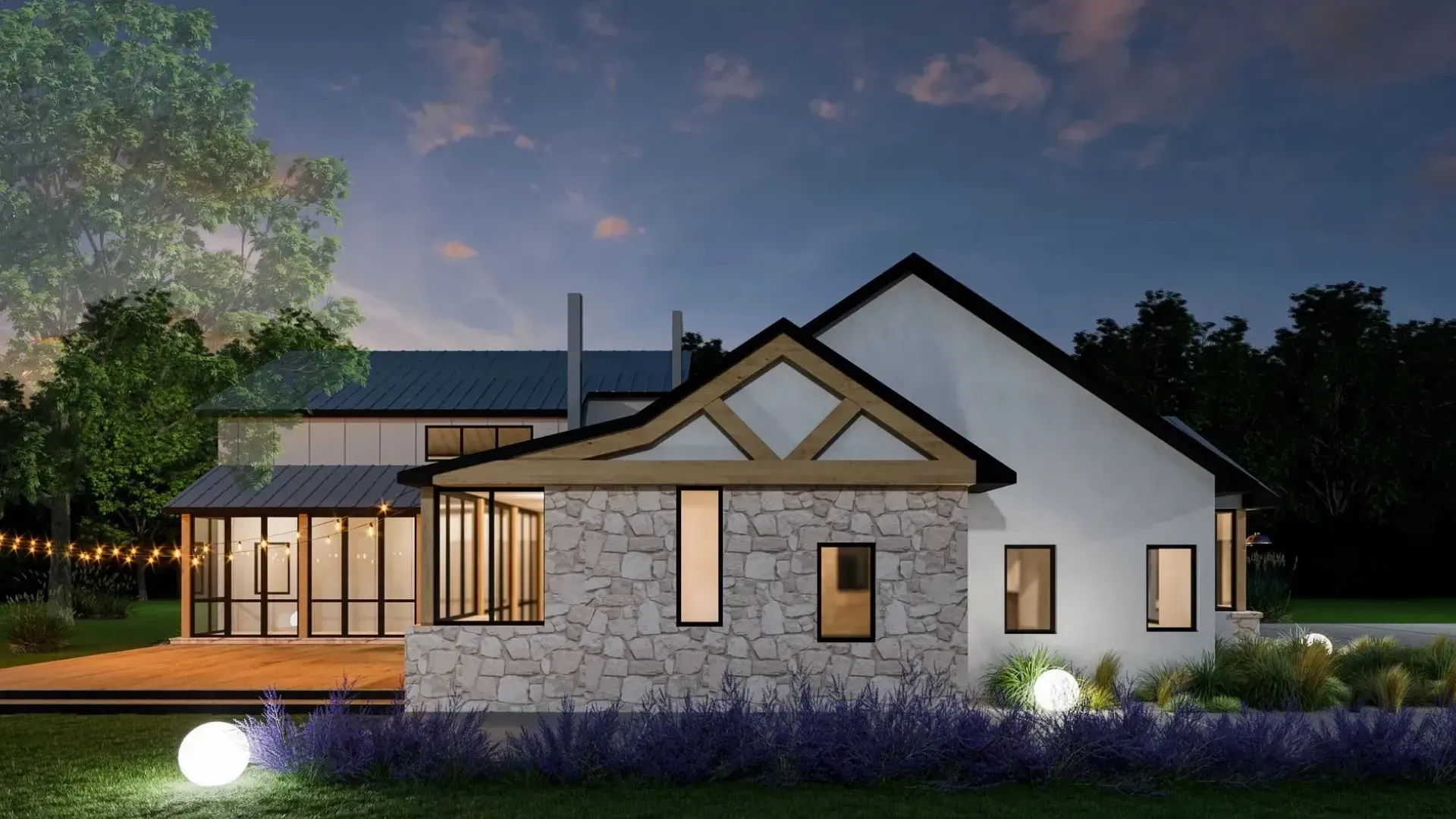 Modern house exterior at dusk with stone and white facade. Illuminated by orbs, with a deck.