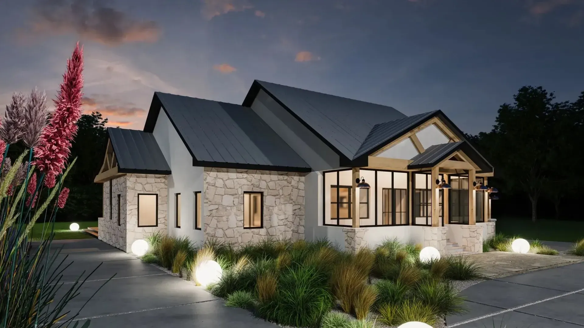 Night exterior rendering of a modern home with stone facade, dark roof, and illuminated path.