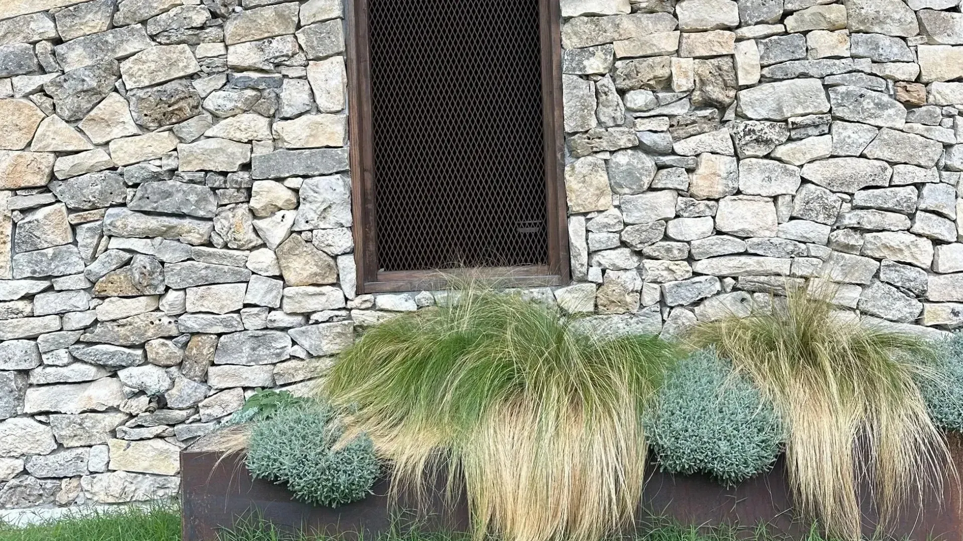 Stone wall with a window featuring a latticed design. Ornamental grasses and ground cover sit in a rusty metal planter.
