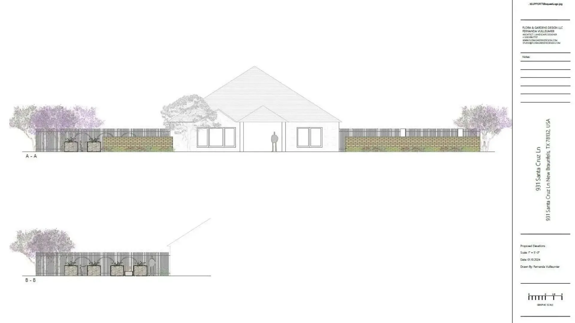 Architectural elevation drawing of a building with a peaked roof, flanked by walls and trees, against a white background.
