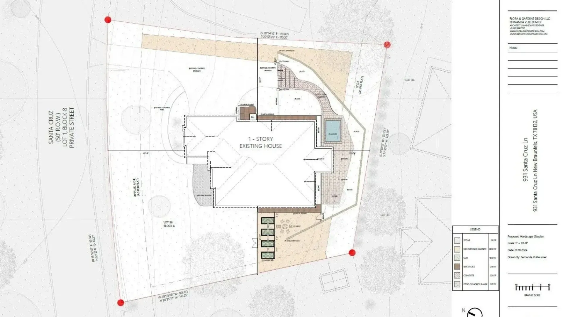 Top-down architectural site plan, house with landscaping, property boundaries marked with red dots.