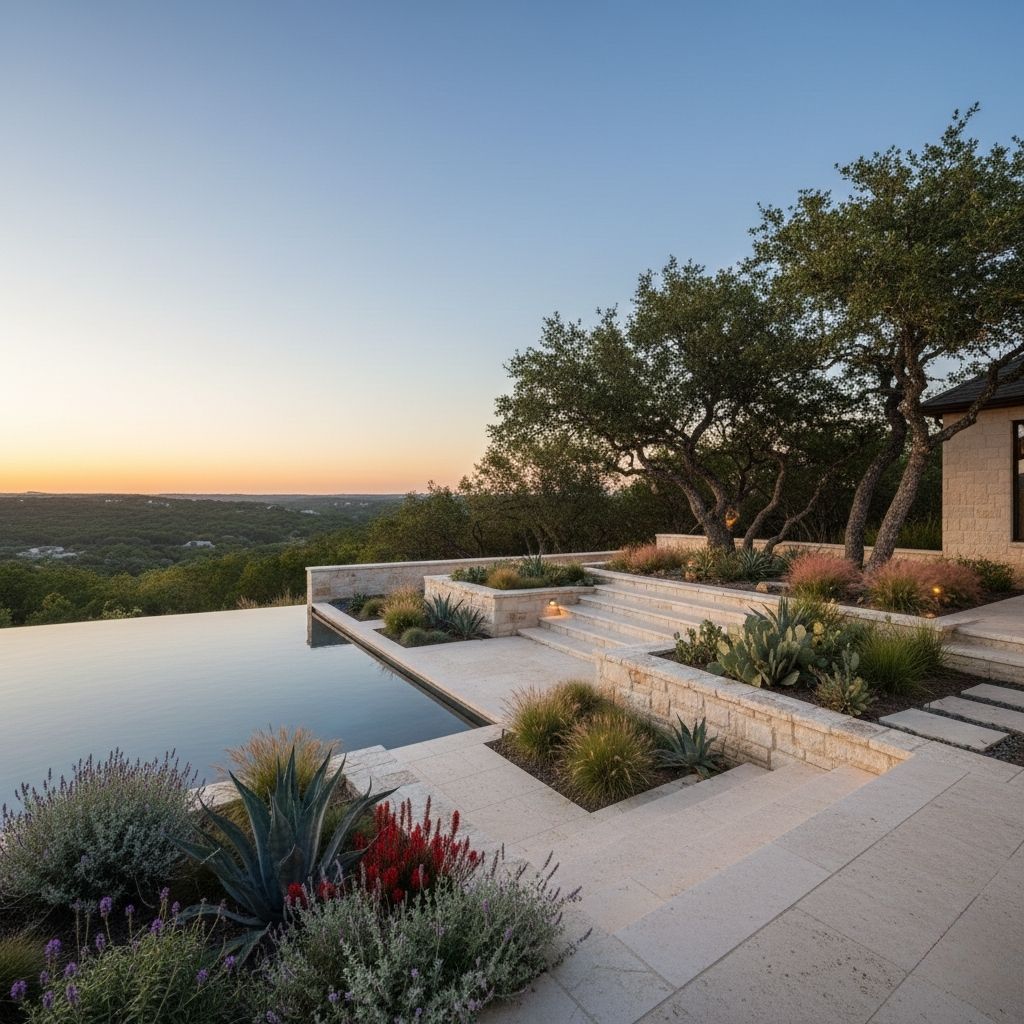 Concrete patio with a tree surrounded by mulch; a building is in the background.