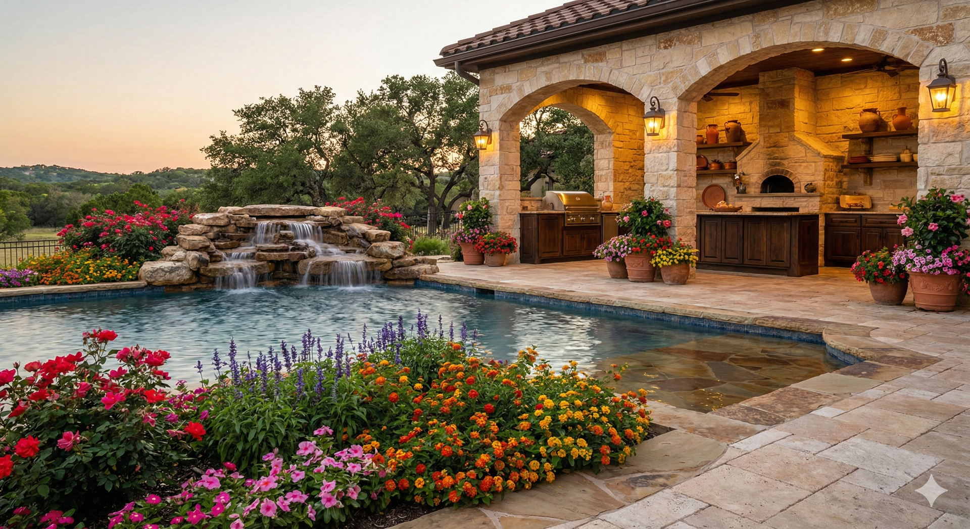 Custom pool with purposeful boulder placements and stonework in Austin, TX