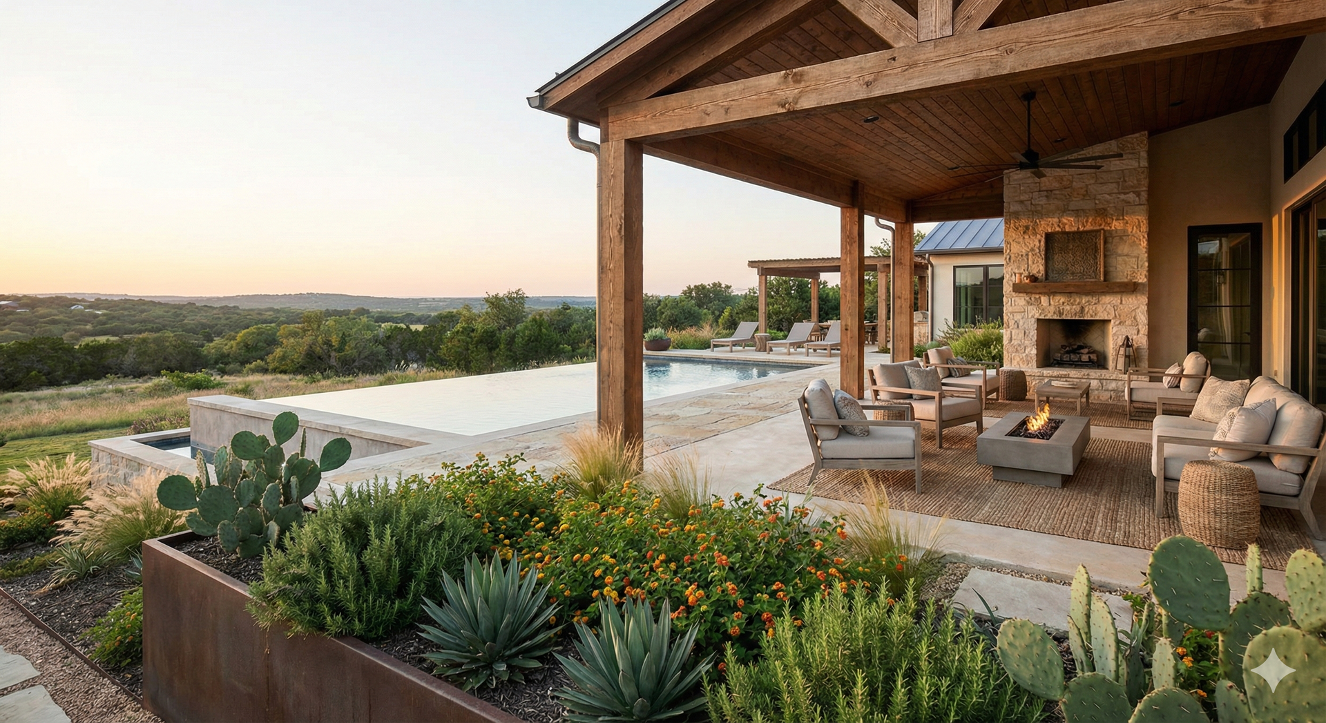 Zero-level deck pool design with natural stone accents in Austin, TX