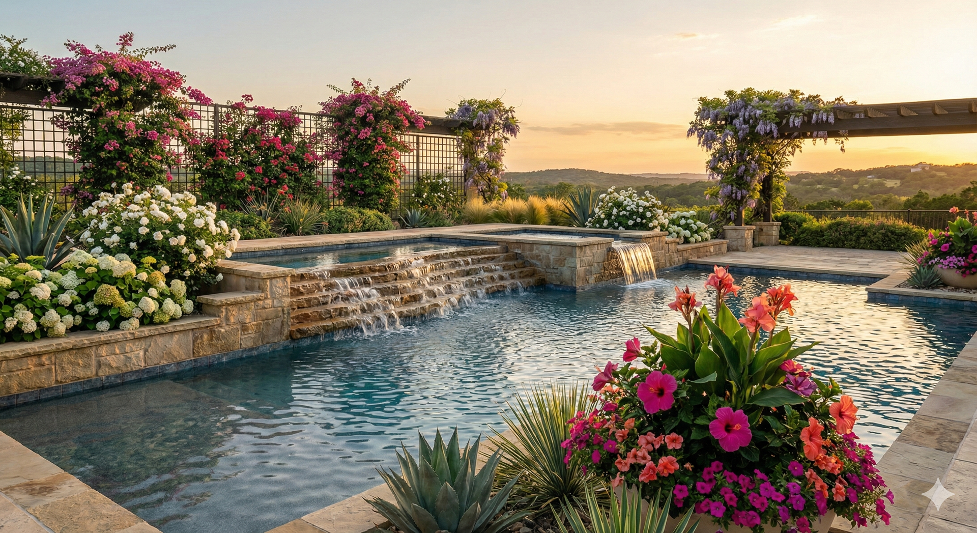 Contemporary pool design with natural limestone coping and water features