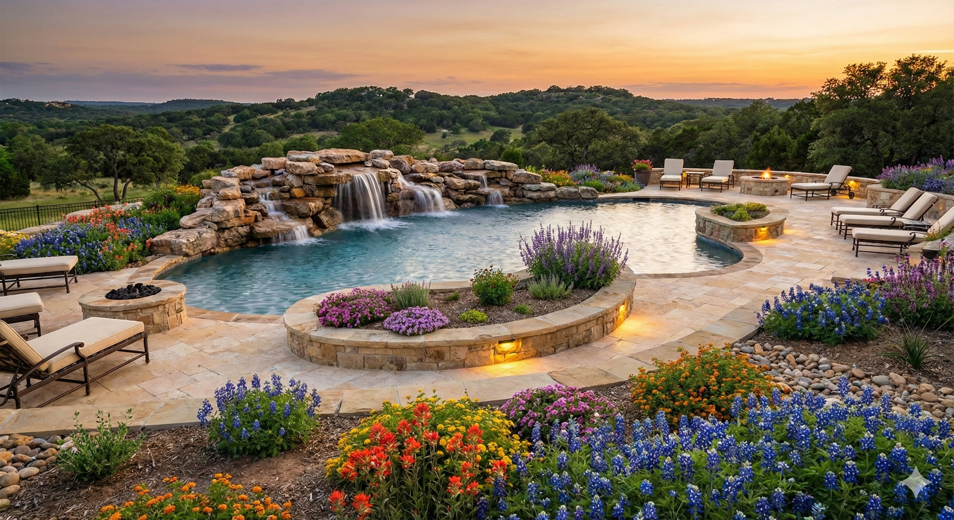 Flagstone and crushed gravel pathways leading to a luxury custom pool in Central Texas