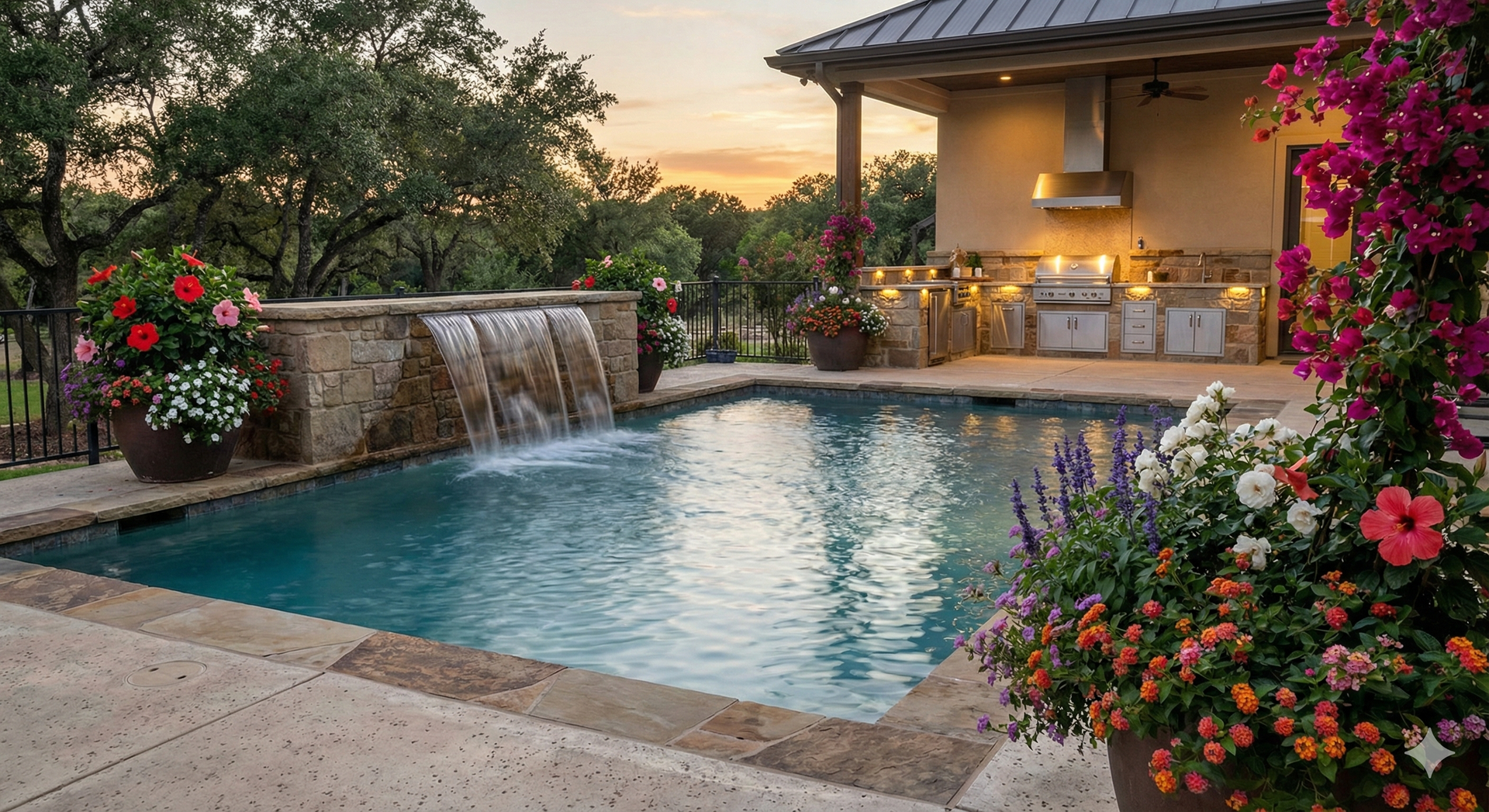 Pool with custom retaining walls and design for steep, sloped Hill Country lots