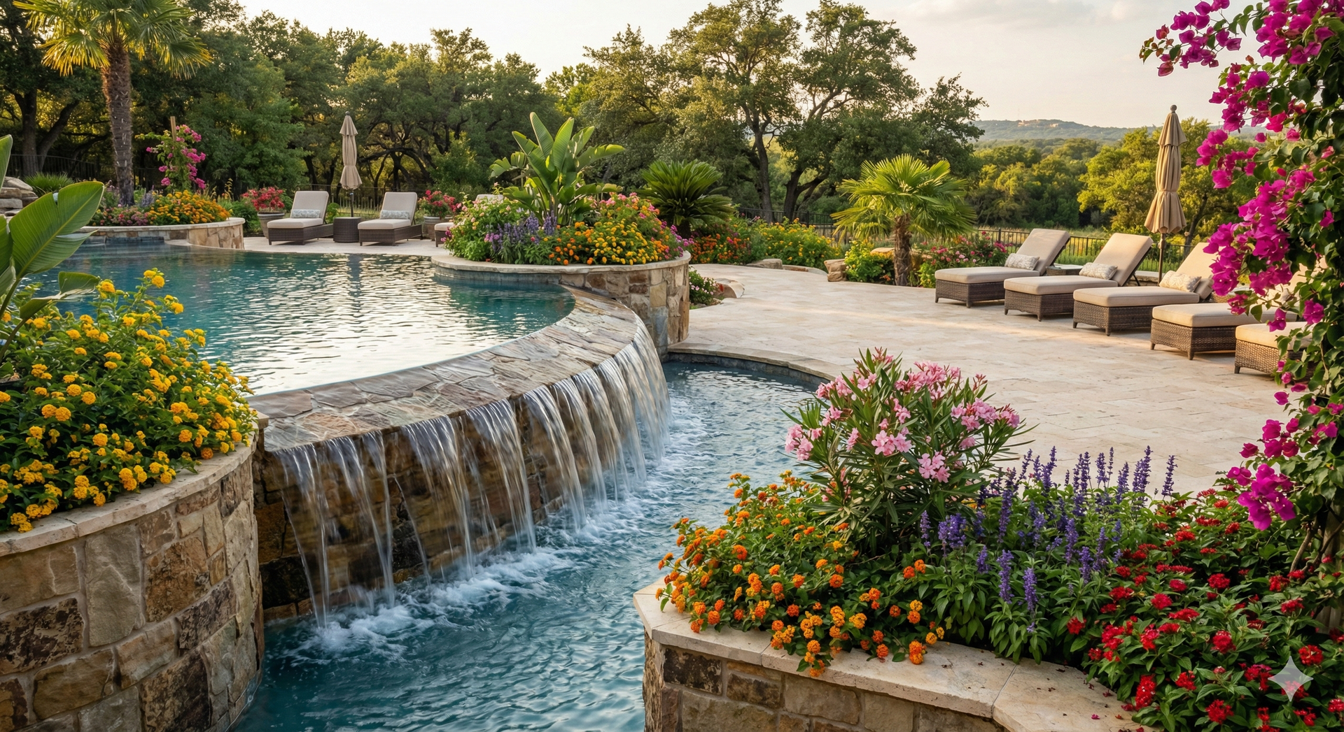Indoor-outdoor living spaces with integrated pool and landscape in Austin, TX