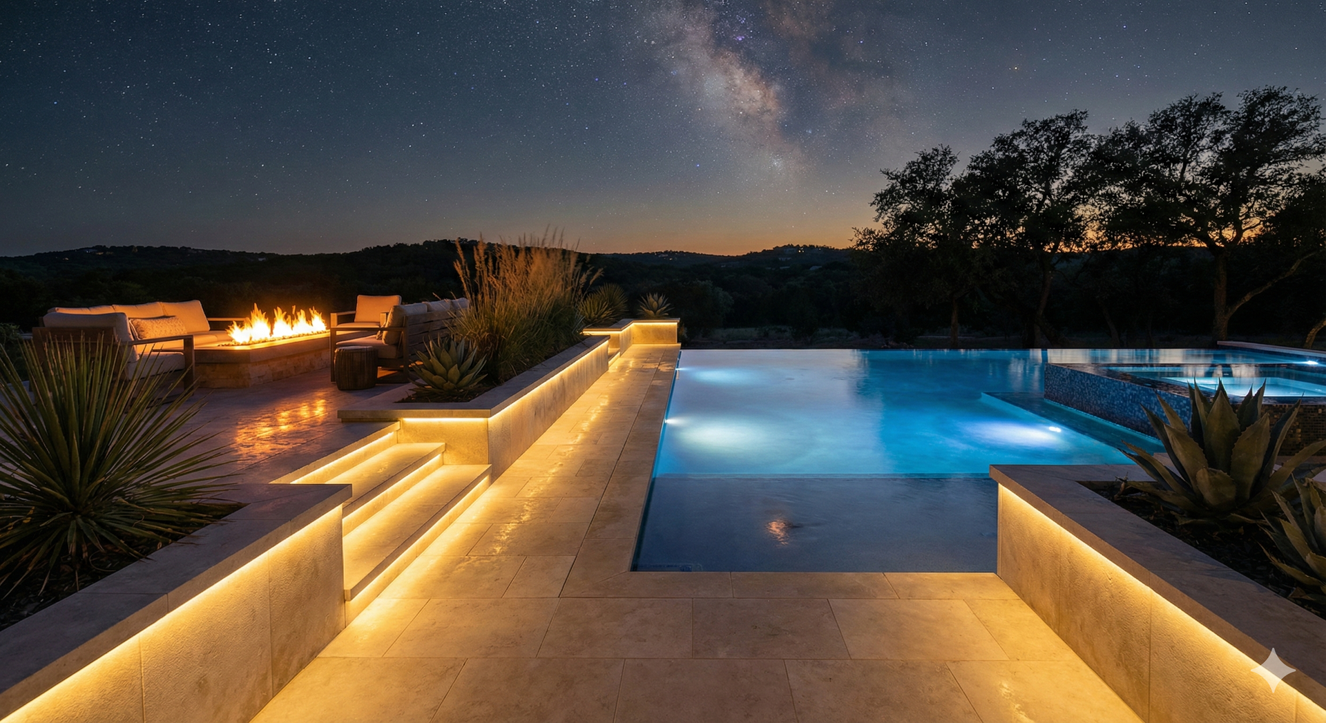 Luxury outdoor entertainment zones with fire features and custom water elements