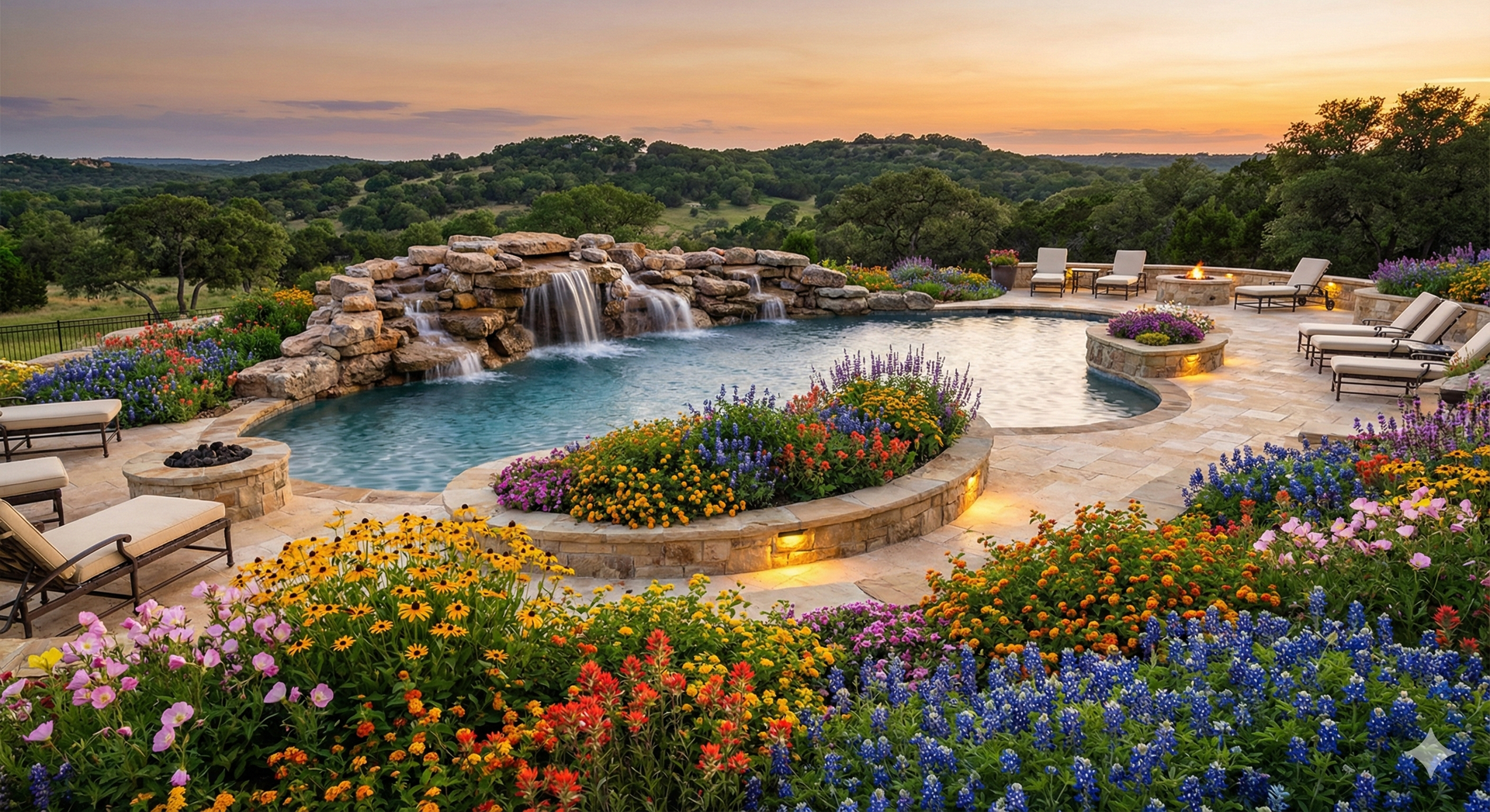 Culinary and native garden designs surrounding custom poolscape in Central Texas