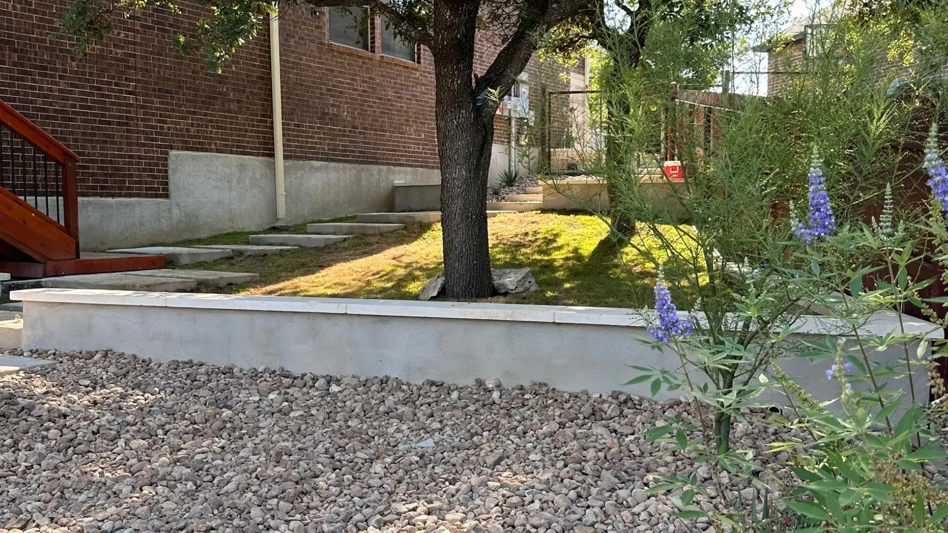 Tree in a gravel-covered yard with a brick building and a concrete border.