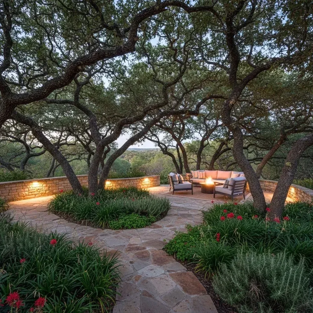 Stone patio with trees, plants, and seating area with a fire pit, illuminated by warm lighting.