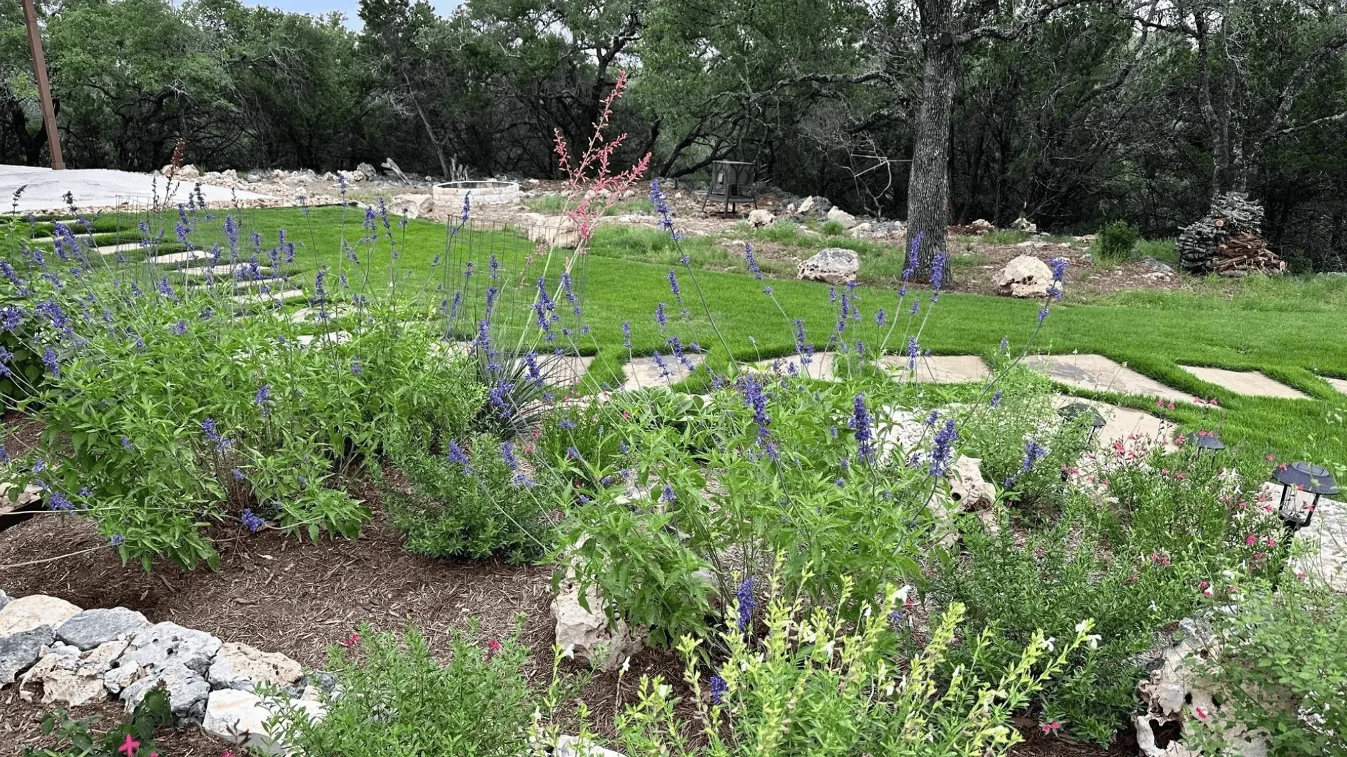 Lush garden with blue and pink flowers, stone path, green grass, and trees under an overcast sky.