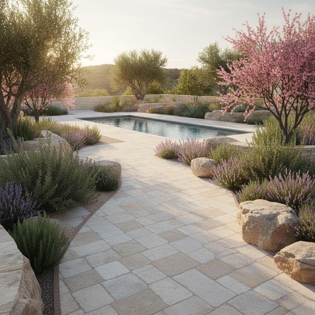 Stone patio leads to a pool, framed by rocks, lavender, and trees, in a sunny outdoor setting.