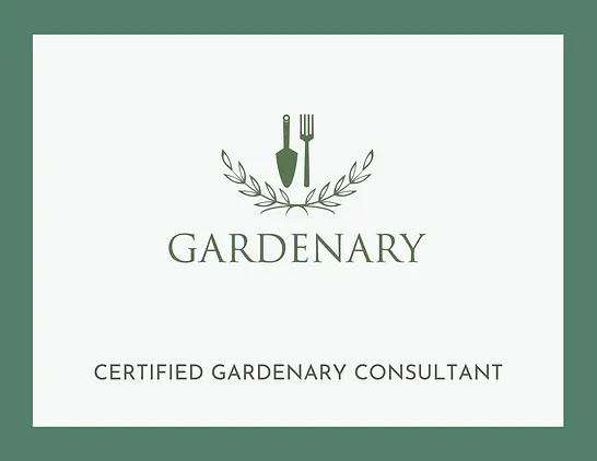 A logo for a certified gardenary consultant with a shovel and fork.
