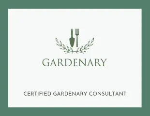 A logo for a certified gardenary consultant with a shovel and fork.