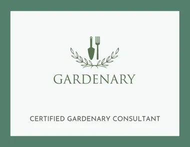 A logo for a certified gardenary consultant with a shovel and fork.
