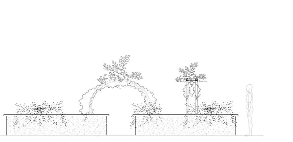 A black and white drawing of a bench with plants on it.