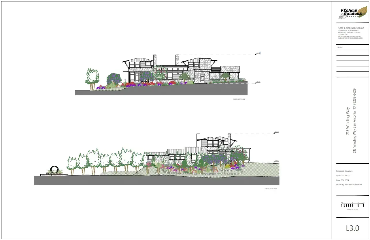 Architectural cross-section diagrams of a multi-level building with landscaping and surrounding trees.
