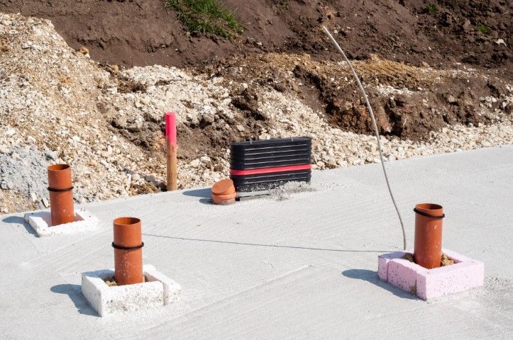 Newly poured concrete slab foundation with plumbing stub outs installed