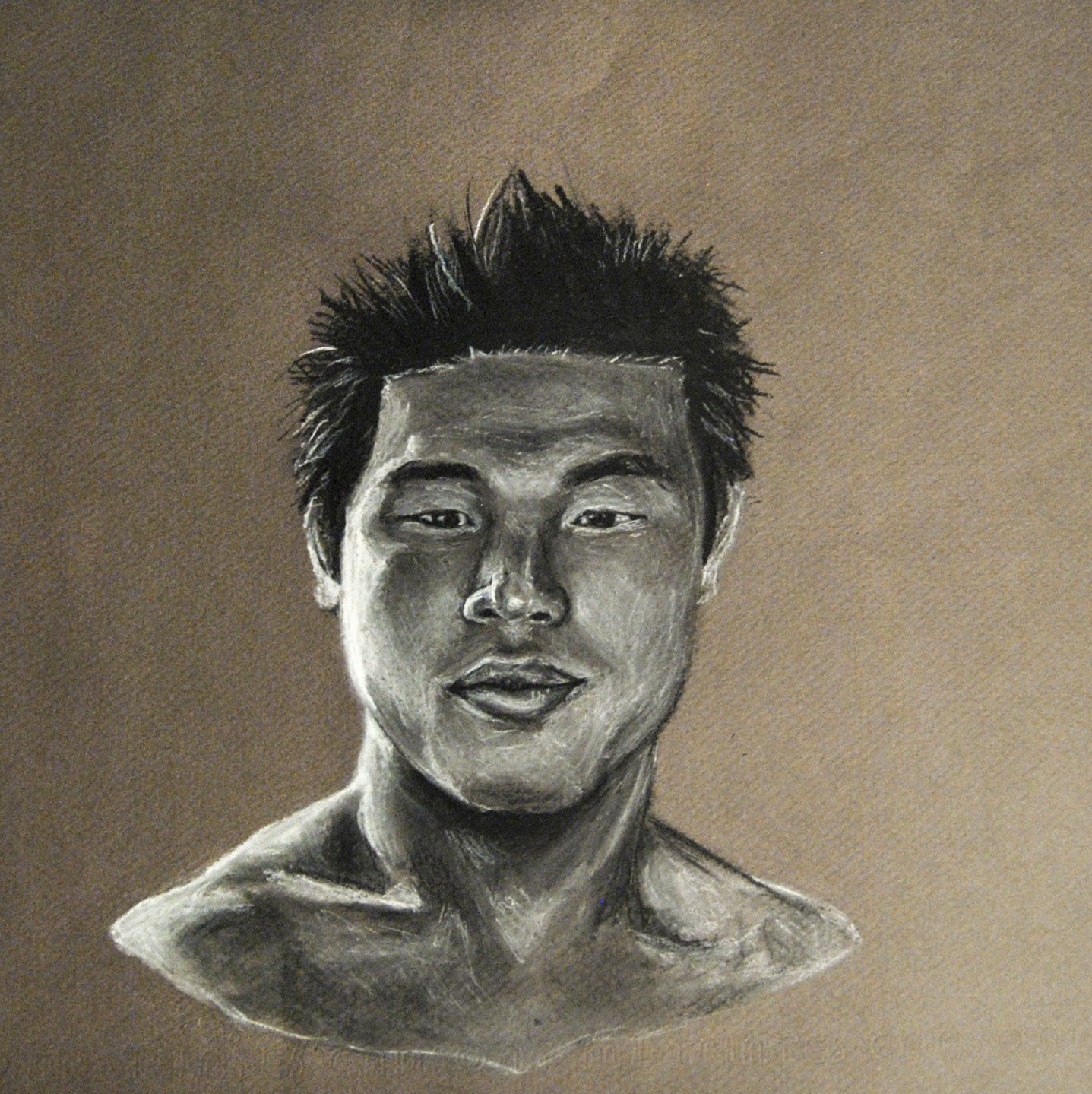 Charcoal drawing of a person with spiky hair, looking forward, and smiling slightly.
