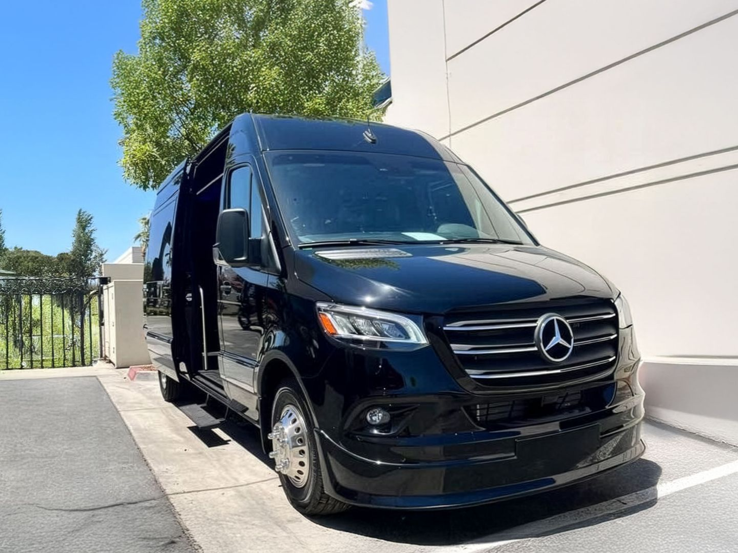 Black Mercedes van parked outside, door open.