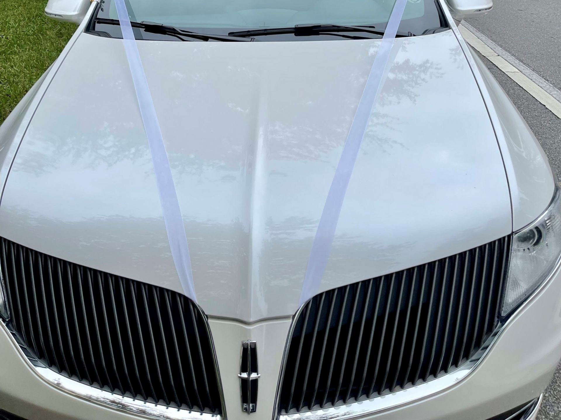 Exotic Limo Orlando Silver car with white ribbons on the hood.