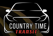 Logo: White outline of a car over "Country Time Transit" in white and red on a black background.
