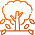 Orange outline of a tree with leaves, stylized as a simple eco-friendly icon