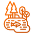 Orange line icon of a fish in a pond with trees and a forest background
