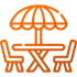 Orange outline icon of outdoor café table with umbrella and two chairs