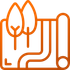 Orange line icon of trees and irrigation pipes watering a landscape