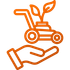 Orange outline of a hand holding a lawn mower with a plant sprouting from it