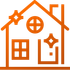 Orange outline of a house with windows, door, stars, and a chimney icon