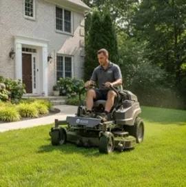 Man mowing a green lawn beside a beige house with pink hydrangeas in front yard