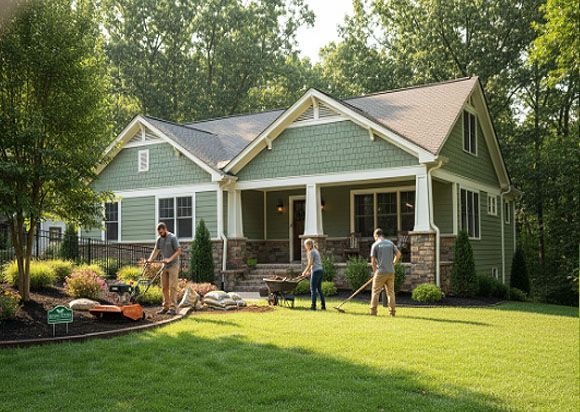 People landscaping a green house with a porch, stone accents, and a lush front lawn.