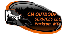 CM Outdoor Services LLC logo with orange and black landscaping equipment graphic, Parkton, MD