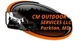 CM Outdoor Services LLC logo with orange and black landscaping equipment graphic, Parkton, MD