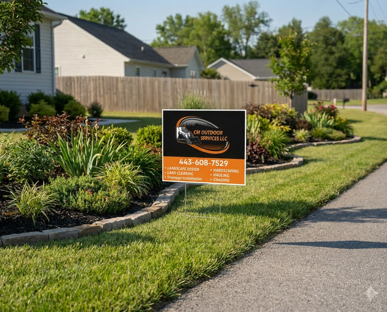 Landscape company yard sign beside a manicured flower bed along a suburban sidewalk