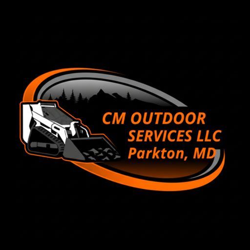 CM Outdoor Services LLC logo with orange and black text, excavator graphic, and Parkton, MD location