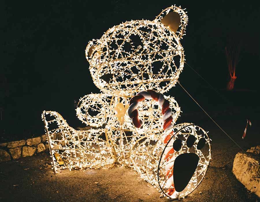 Lit teddy bear-shaped holiday lights glowing outdoors at night