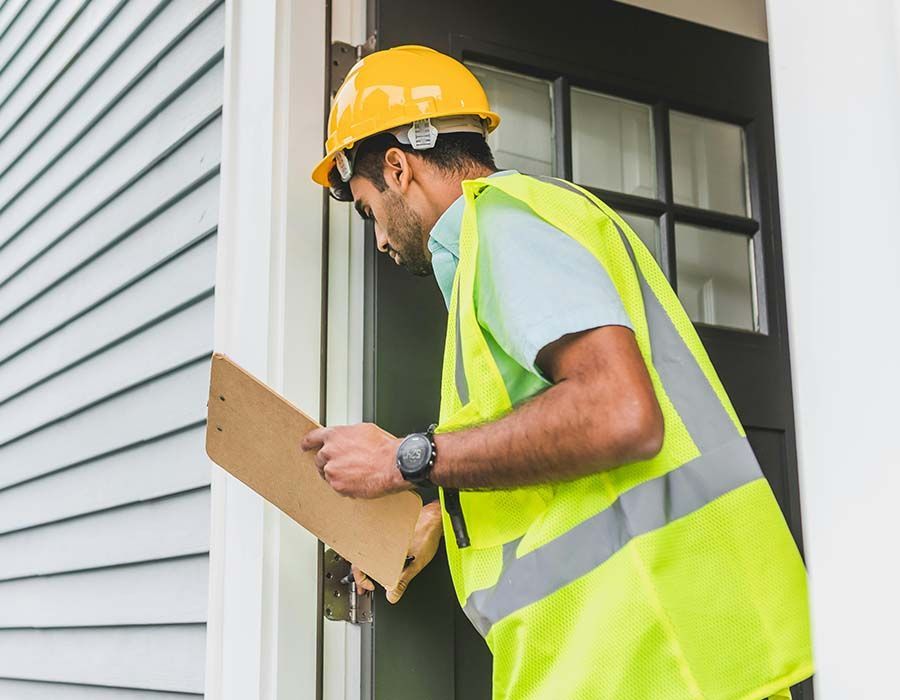 Worker in a yellow safety vest and hard hat reading a clipboard at a doorway.