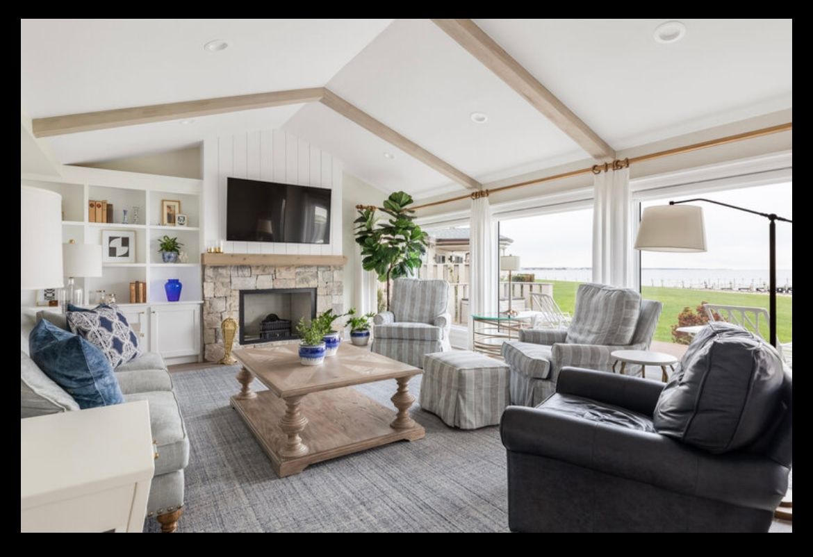 A living room filled with furniture and a fireplace
