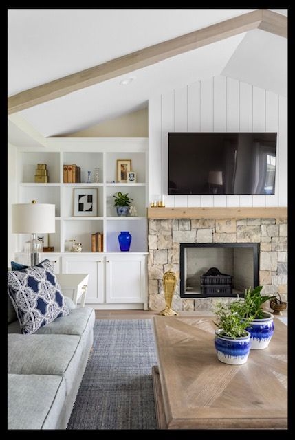 A living room with a fireplace and a flat screen tv