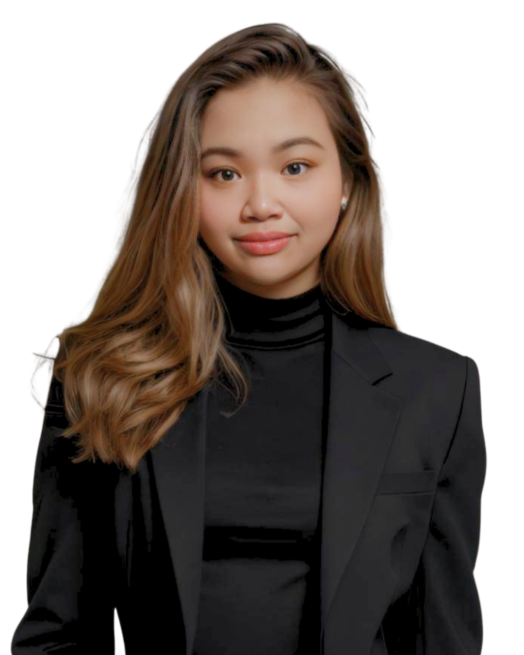 Young woman with long brown hair in black blazer and turtleneck smiling, white background.