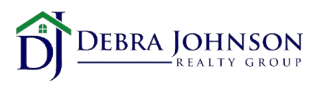 Logo for Debra Johnson Realty Group, featuring a green roof house over the letters 