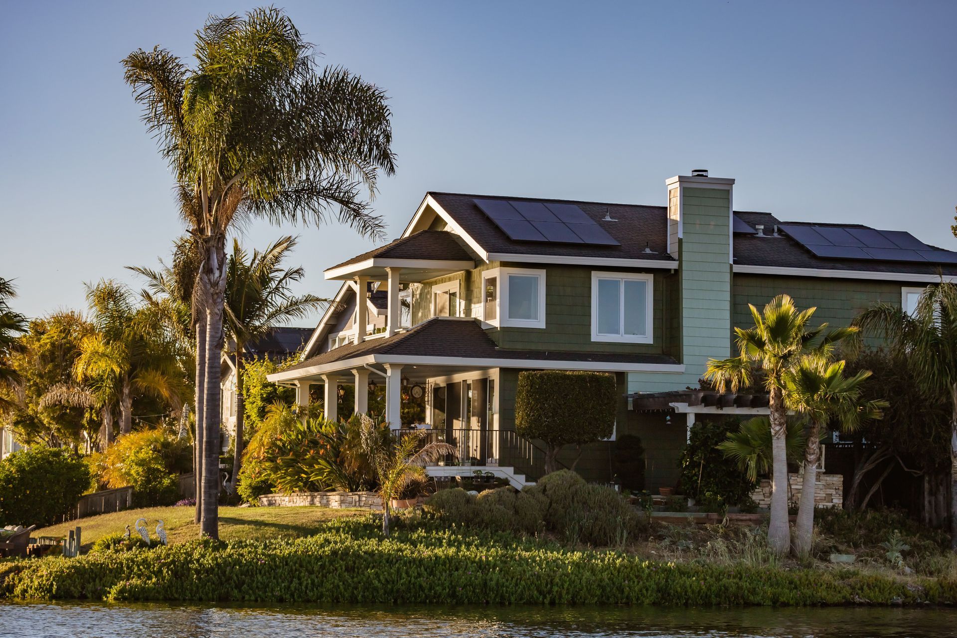 Golden Beach solar panel installation on a waterfront estate with premium rooftop solar panels.