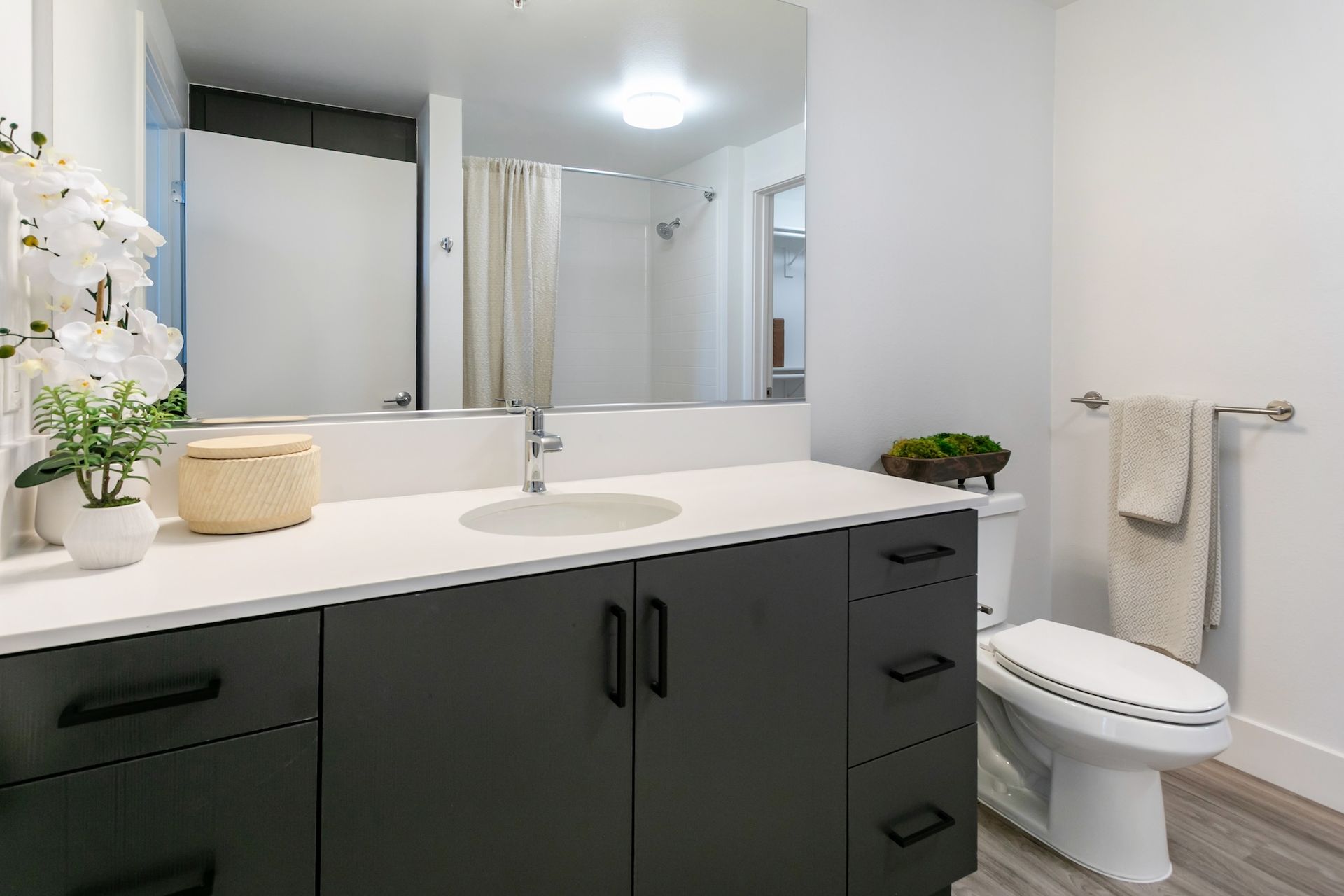 Modern bathroom with gray vanity, white countertop, large mirror, and toilet.